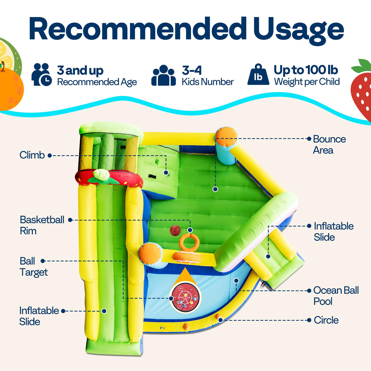 VIVOHOME 7 in 1 Bounce House for Kids, Fruit Theme Inflatable Bouncy Castle with Slide, 12x12 FT Inflated Bouncer for Outdoor with Blower, Basketball, Climb, Jump Area, Ball, Water Pool, Hoop VIVOHOME