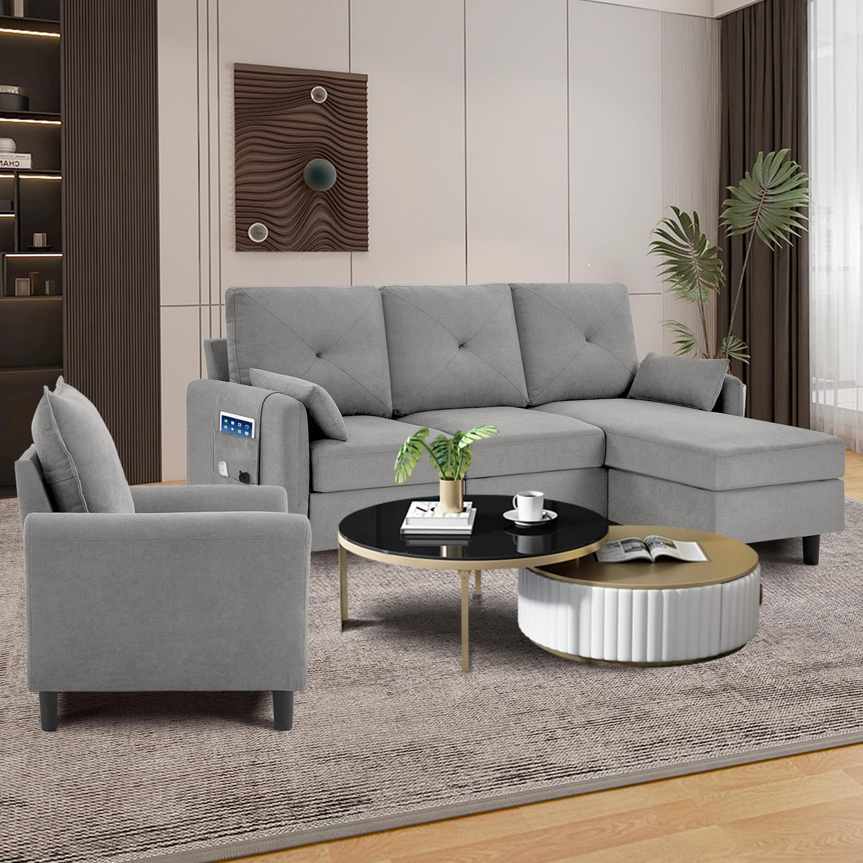 Portaforta Sectional Sofa Set, 77" Convertible Sofa and Accent Chair, Small 3 Seat L Shaped Couch with Storage Ottoman and Side Pockets, Modern Couch for Living Room, Office, Apartment, Light Grey Portaforta