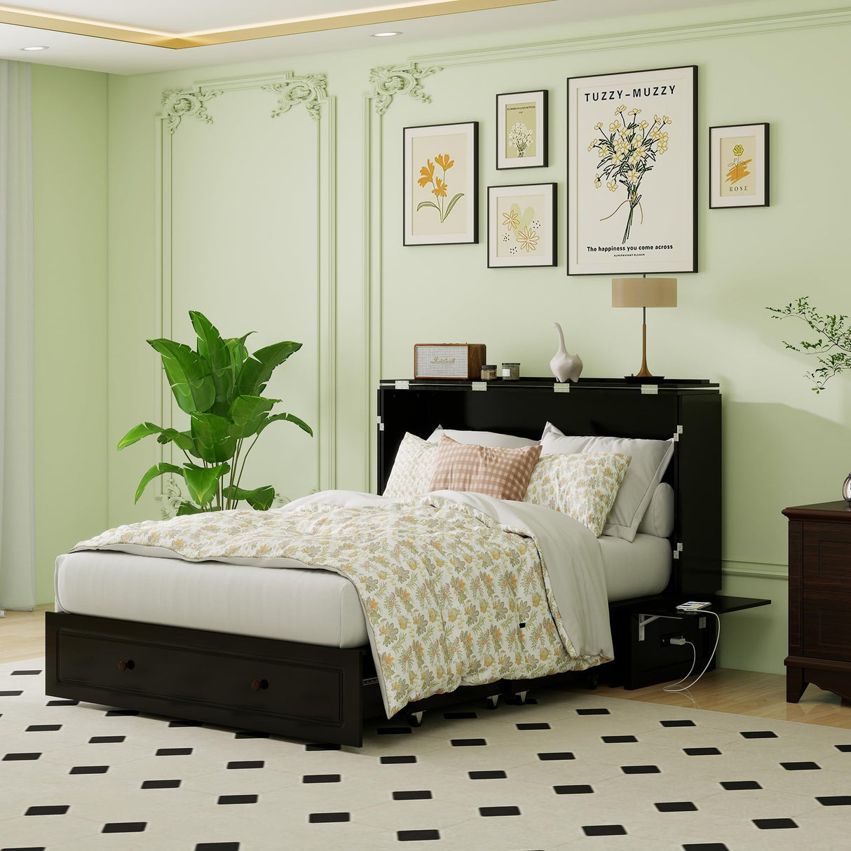 TemkTuek Queen Murphy Bed with Charging Station Cabinet Space Saving Wall Bed for Guest Room, Study, Apartment with Built in USB Ports (NOT Included Mattress) Black (13) TemkTuek