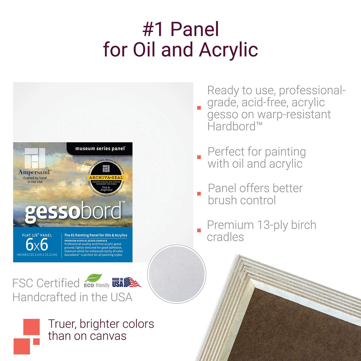 Ampersand Art Supply Gesso Wood Painting Panel: Museum Series Gessobord, 11" x 14", 1/8" Flat Profile Ampersand Art Supply