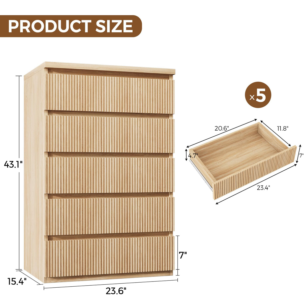 Jocoevol Fluted 5 Drawer Dresser, 43" Tall Dresser Chest of Drawers Curved Profile Design, Wood Mid Century Vertical Dresser Natural Texture for Bedroom, Oak Dresser Jocoevol