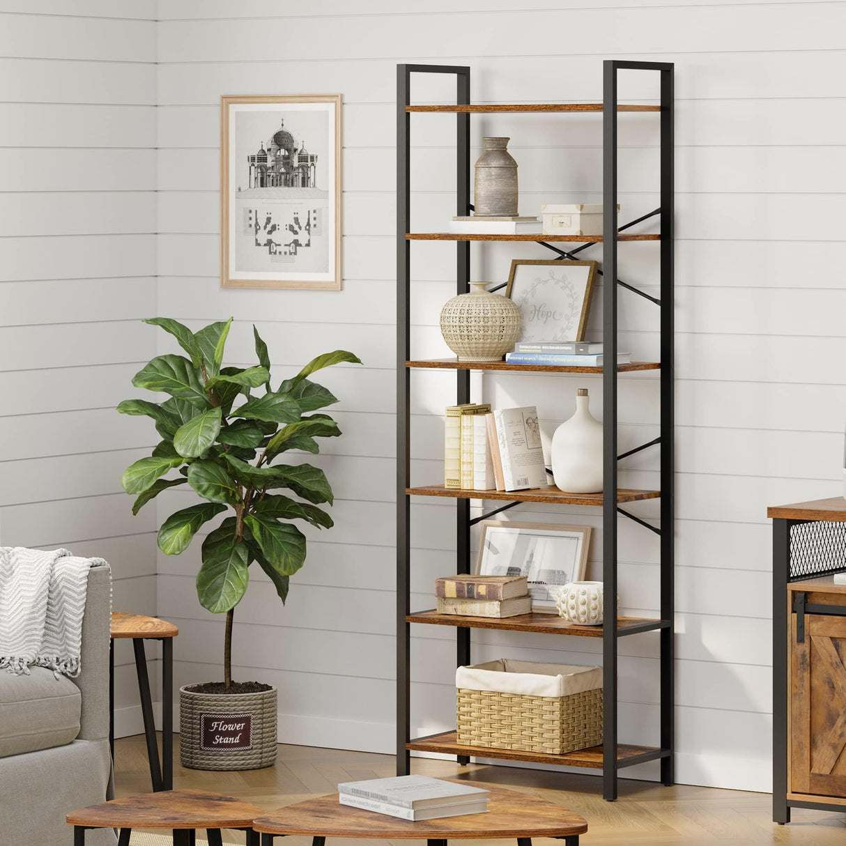 VASAGLE Industrial 6-Tier Tall Bookshelf with Steel Frame in Rustic Brown and Black VASAGLE