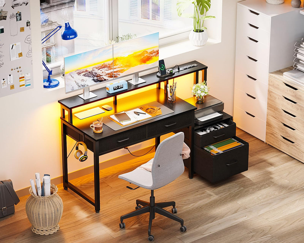 AODK 48-Inch Computer Desk with Power Outlets and LED Lights, Gaming Desk with 4 Fabric Drawers, Reversible Office Desk with Monitor Stand, Writing/Study Table for Home, Black AODK