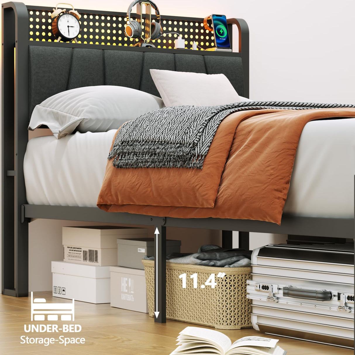 Furnulem Twin Size Bed Frame with LED Lighting, Charging Station, and Upholstered Storage Headboard in Grey Furnulem