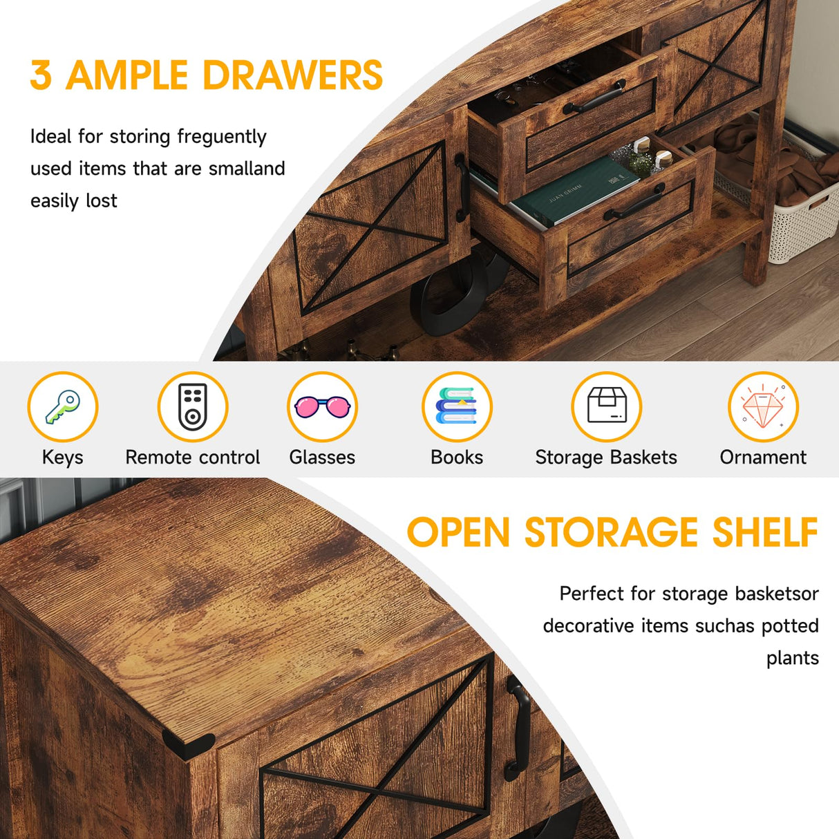 Maupvit Console Table with Storage,Farmhouse Sideboard Buffet Cabinet Kitchen Sideboard Cabinet with Storage Drawers and Bottom Shelf (Brown) Maupvit