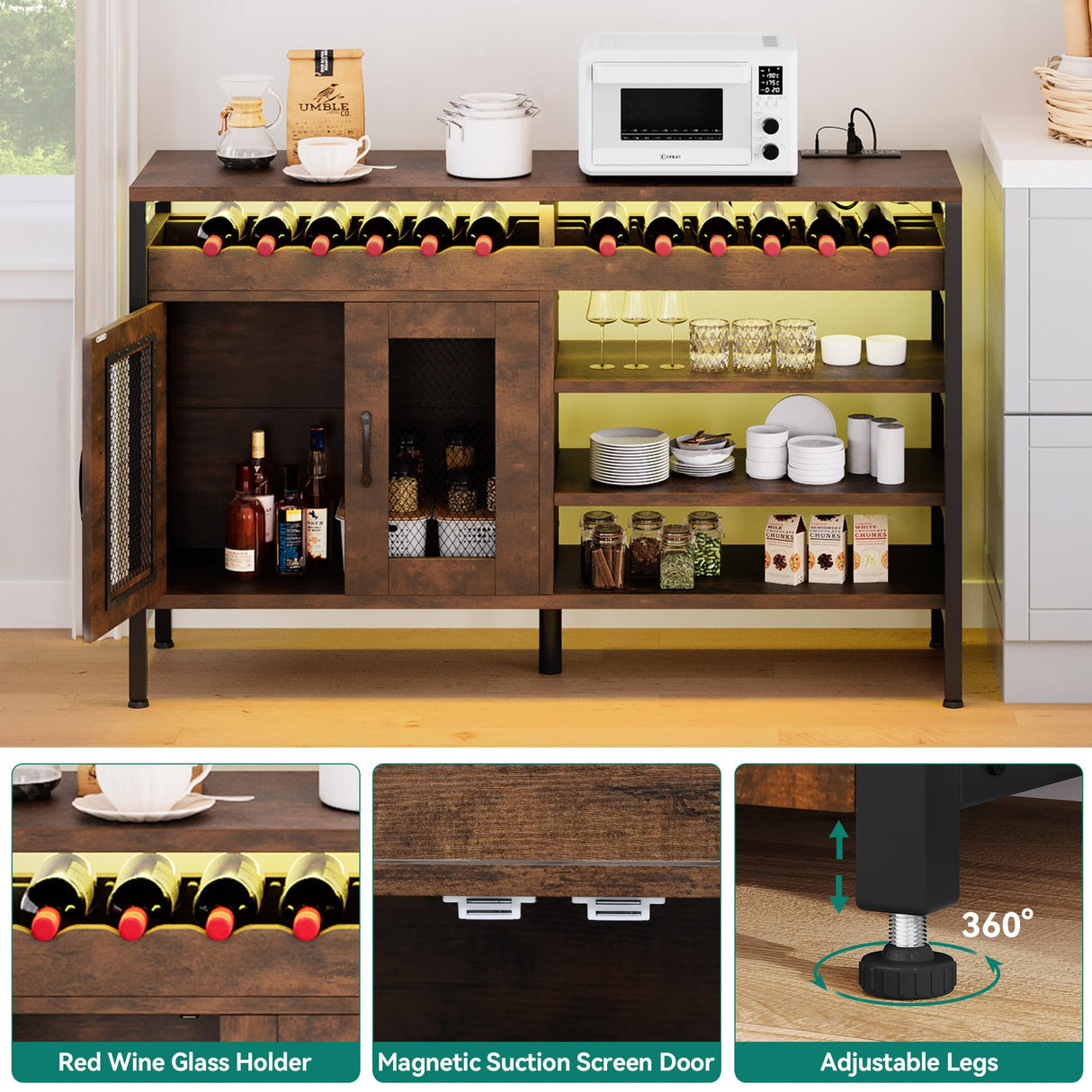 YITAHOME 55" Industrial Bar Cabinet with LED Lighting and Power Outlets for Home Dining and Living Rooms YITAHOME