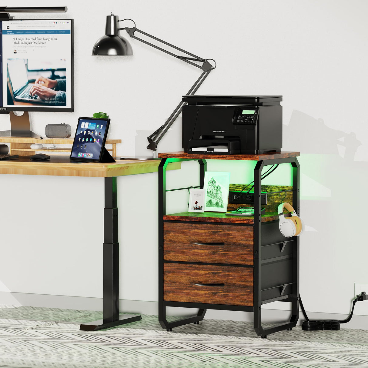 runjuly LED Nightstand, Bed Side Table with Storage, End Table with Drawers & Hooks, Bedside Table with Charging Station, AC Outlets, USB C Ports, Rustic Brown Night Stand Table for Living Room, Dorm runjuly