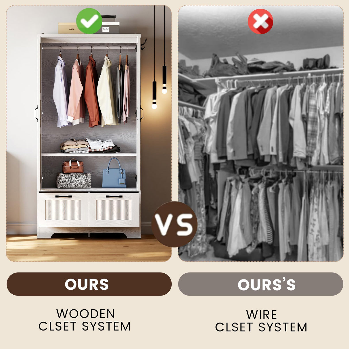 ANCTOR Armoire Wardrobe Closet, 71" H Wooden Clothing Storage Cabinet with 2 Doors and 2 Drawers, Bedroom Freestanding Wardrobe Combination with Hanging Rod and Adjustable Shelves, White ANCTOR