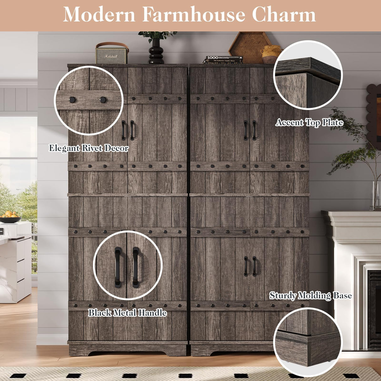 LUXOAK 72" Tall Farmhouse Kitchen Pantry with Rivet Barn Doors, Rustic Wood Cupboard Storage Cabinet/w Drawer & Adjustable Shelves for Dining Living Room, Bathroom & Hallway, Rustic Gray LUXOAK