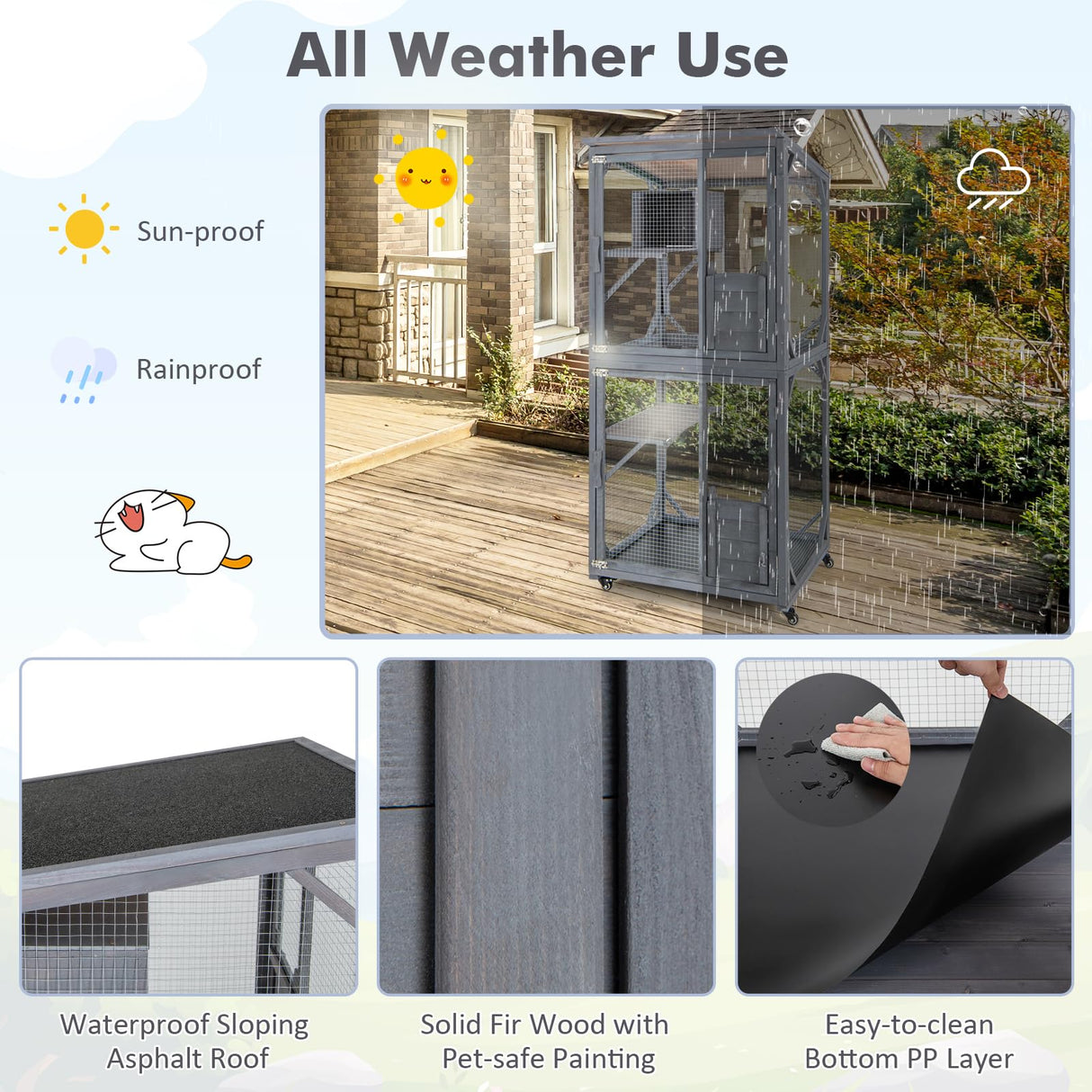 Tangkula Catio Outdoor Cat Enclosure, 72 Inch Wooden Cat House on Wheels with Resting Box, 2 Platforms & Weatherproof Asphalt Roof, Large Kitty Cat Condo Cage Playpen with Enter Doors & PP Layer Tangkula