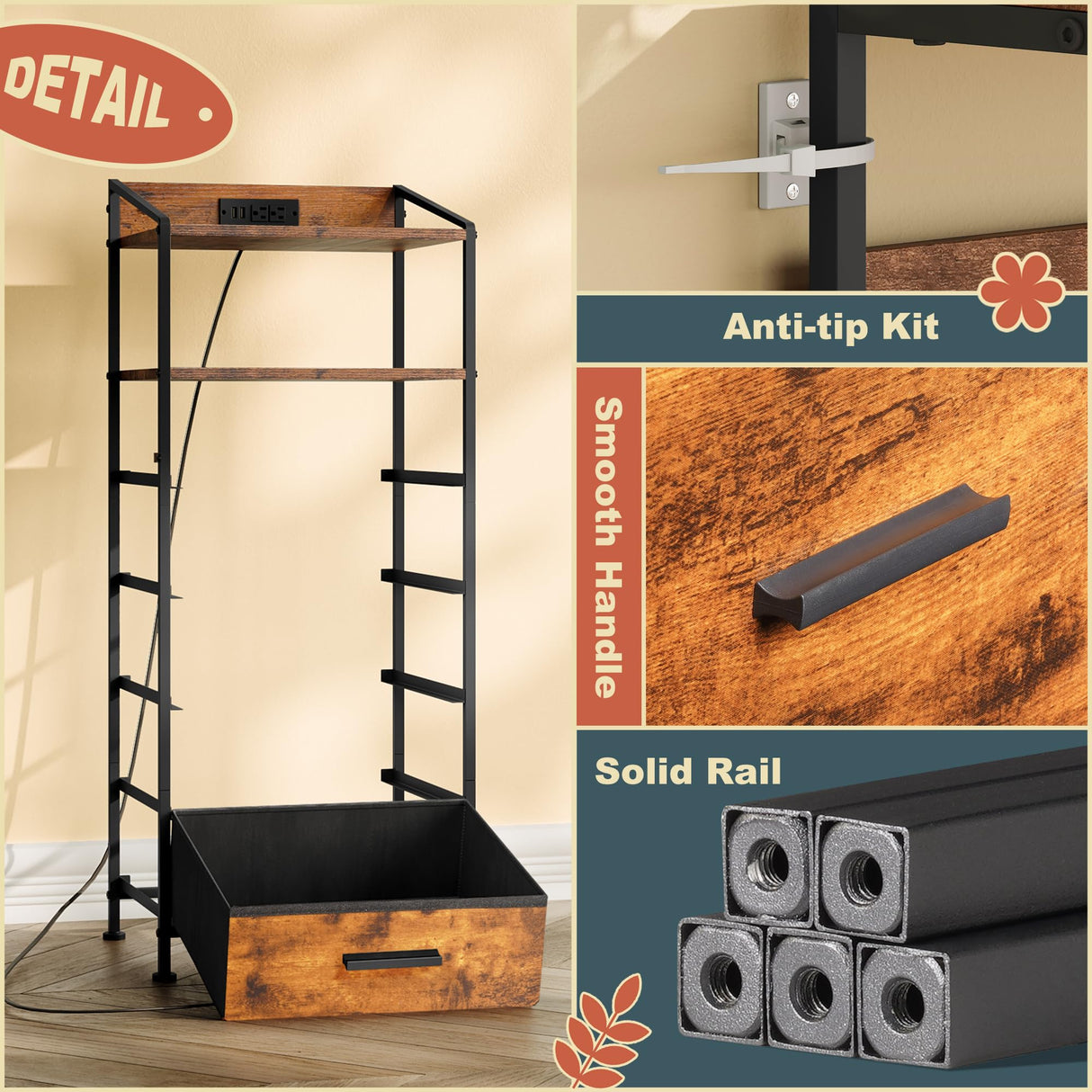 EKNKOZY Nightstand 5 Drawer Dresser with LED Lights and Charging Station, Vertical Side Table with Fabric Drawers, End Table with Open Shelf, Tall Dresser for Bedroom, Hallway, Entryway, Rustic Brown EKNKOZY