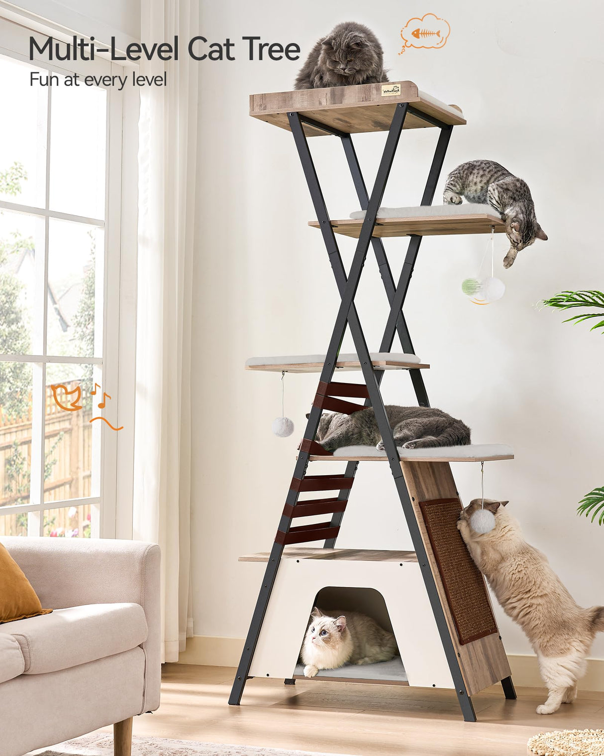 FourFurPets 72.4" Cat Tree, Modern Cat Tower for Indoor Cats, Multi-Level Cat Condo with Caves, Tall Cat Tree with Cat Scratching Board, Wooden Cat Tower with Large Perch, Removable Pads, Camel Brown FourFurPets