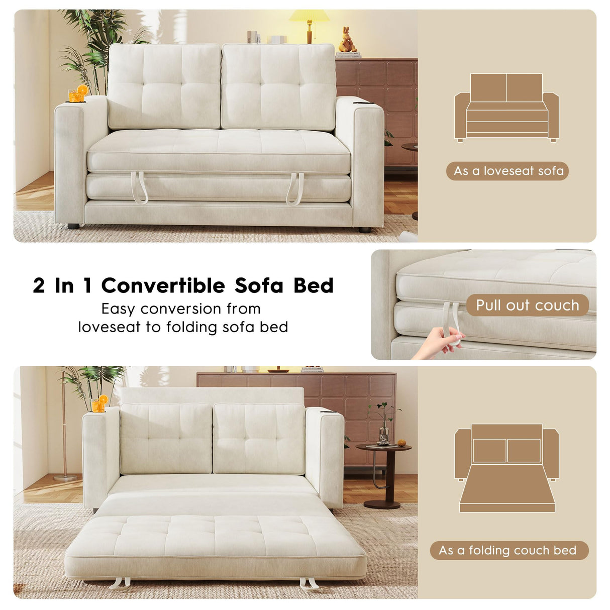 55" Convertible Folding Sofa Bed, Pull Out Couch Love Seat Sleeper Bed, Small Fold Out Loveseat Sleeper with Cup Holder and Pillow for Small Space, Bedroom Lounge, Dorm, Living Room(Beige Chenille) Urhanherry