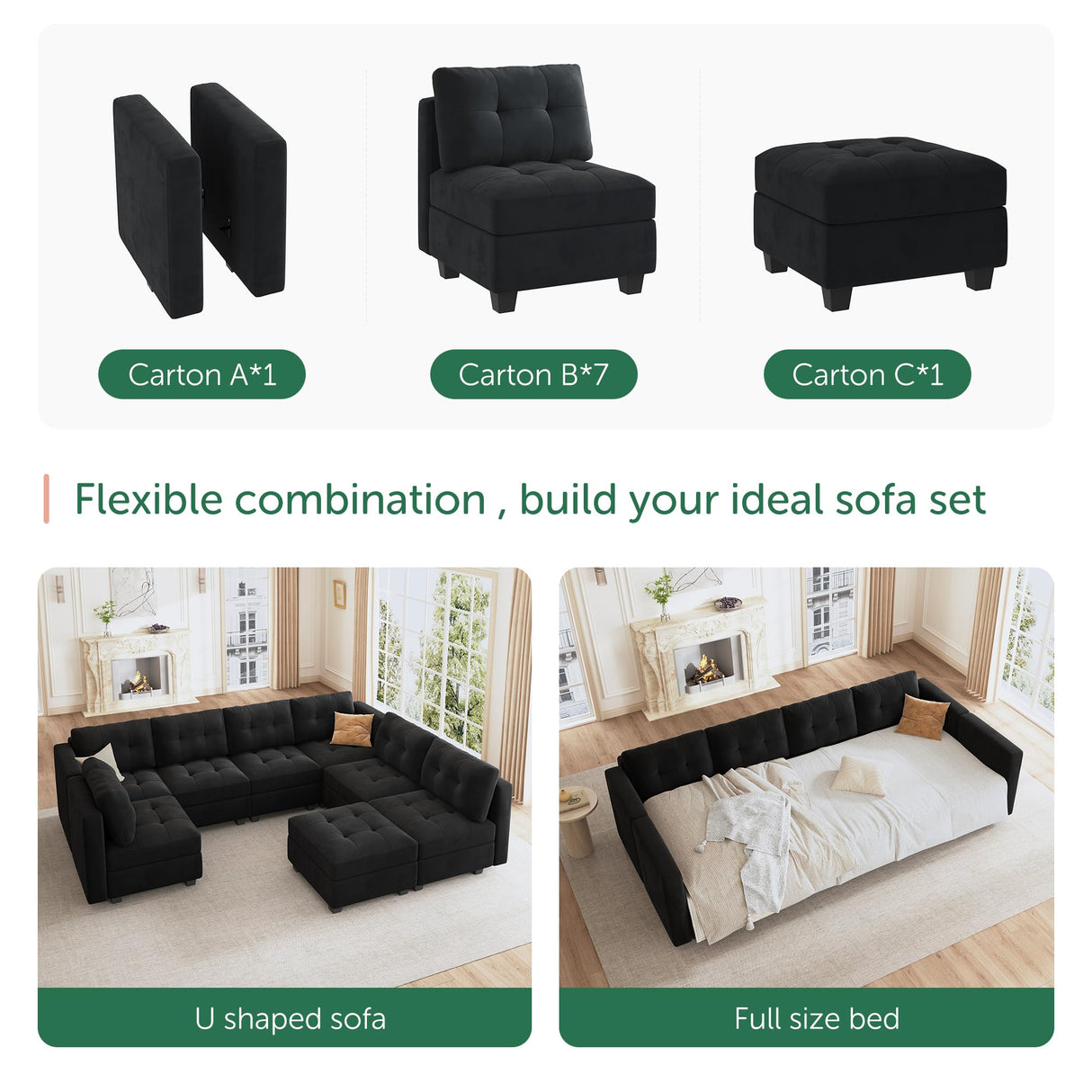 HONBAY Modular Sectional Sofa with Storage Ottomans Oversized U Shaped Couch with Chaises 8-Seater Sectional Sofa for Living Room, Black HONBAY