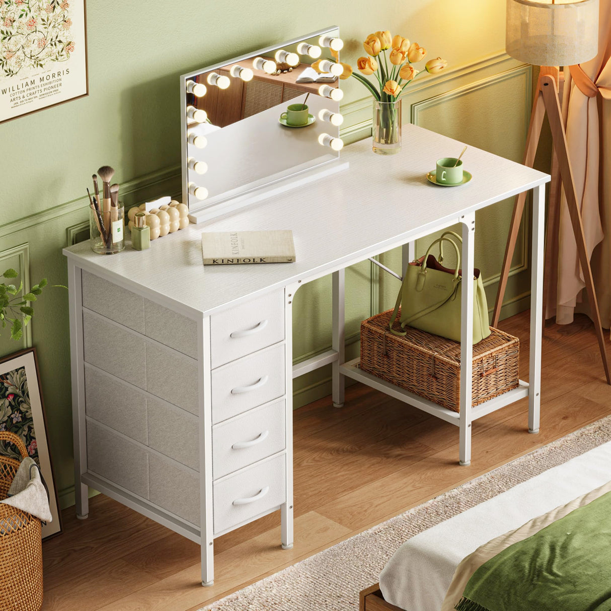 Huuger 47 Inch Computer Desk with 4 Drawers, Office Desk with Mesh Shelf, Gaming Desk, Large Storage, Writing Desk Work Desk for Home Office, Study, Bedroom, Work from Home, White Huuger