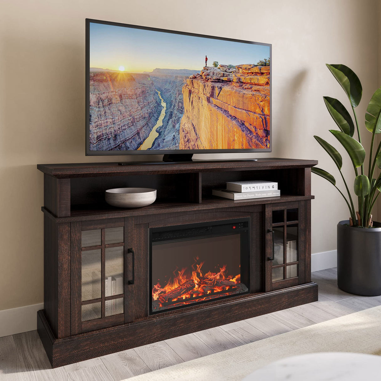 BELLEZE Traditional 58" Rustic TV Stand with 23" Electric Fireplace Heater with Sound, Media Entertainment Center Console Table for TV up to 65" with Open Storage Shelves and Cabinets - Espresso BELLEZE