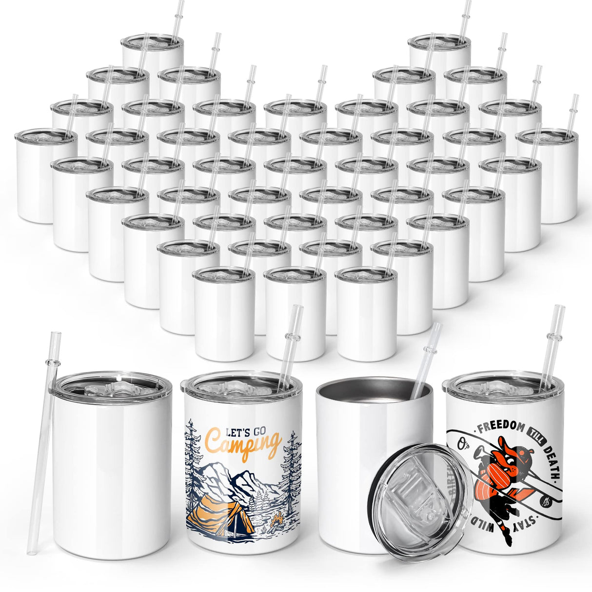 AGH 10OZ sublimation wine tumblers blanks, 50Pack Straight Stainless Steel Tumblers with Lids and Straw, Double Wall Vacuum Insulated Cups Water Tumbler for Hot & Cold Drinks AGH