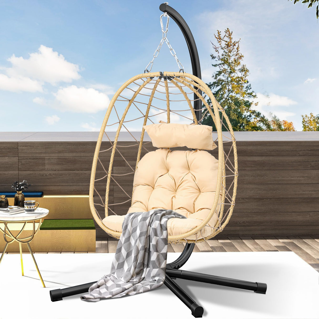 DWVO Egg Hanging Swing Chair with Stand Egg Chair Wicker Egg Chair with Cushions 330lbs for Patio, Bedroom, Garden and Balcony, Beige DWVO