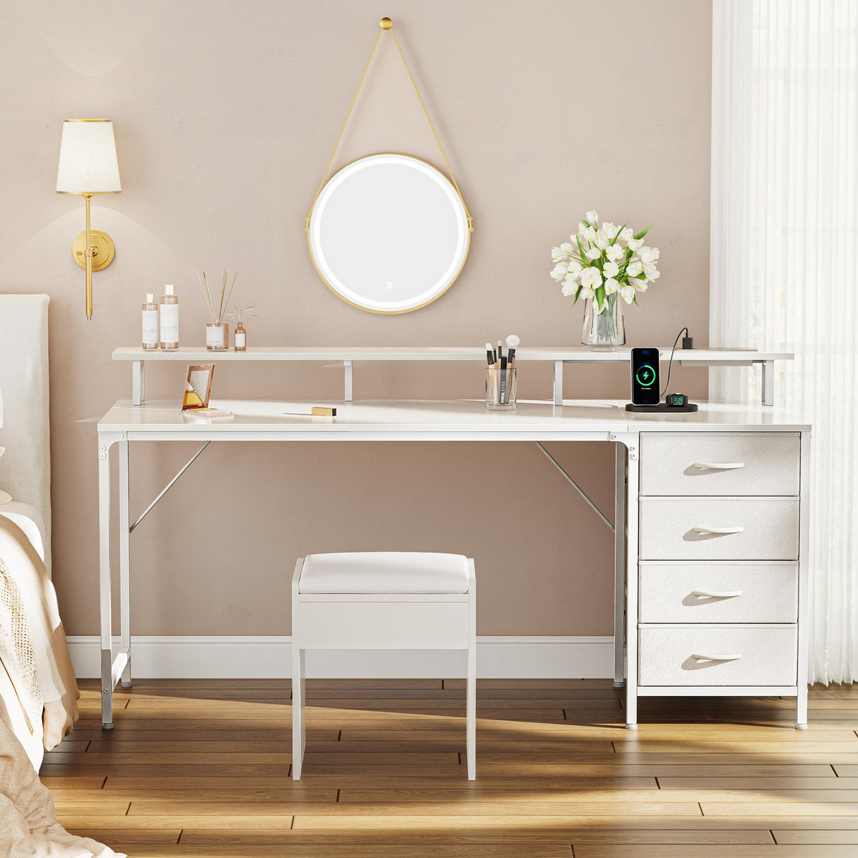 Huuger 63 Inch Computer Desk with Power Outlets and LED Lights, Gaming Desk with 4 Drawers, Office Desk with Monitor Stand, Study Desk Work Desk for Home Office, White Huuger