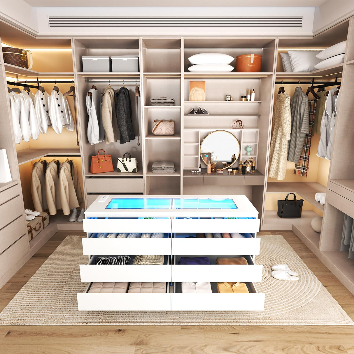 Gyfimoie 8 Drawer Dresser with Power Outlet, White Dresser for Bedroom Chest of Drawer with Glass Top & LED Light, Modern Double Wide Drawer Organizer Cabinet for Living Room (White) Gyfimoie