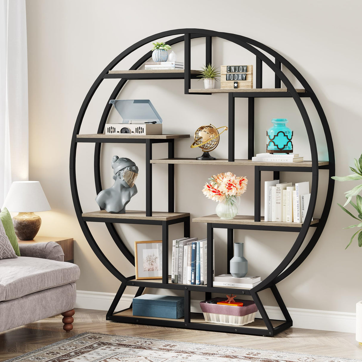 Tribesigns Bookshelf, Round Bookshelves Etagere Bookcase, 63 Inch Industrial Wood Book Shelf with Staggered Shelves, Open Shelving Organizer Rack Display Shelf for Home Office, Living Room, Grey Tribesigns