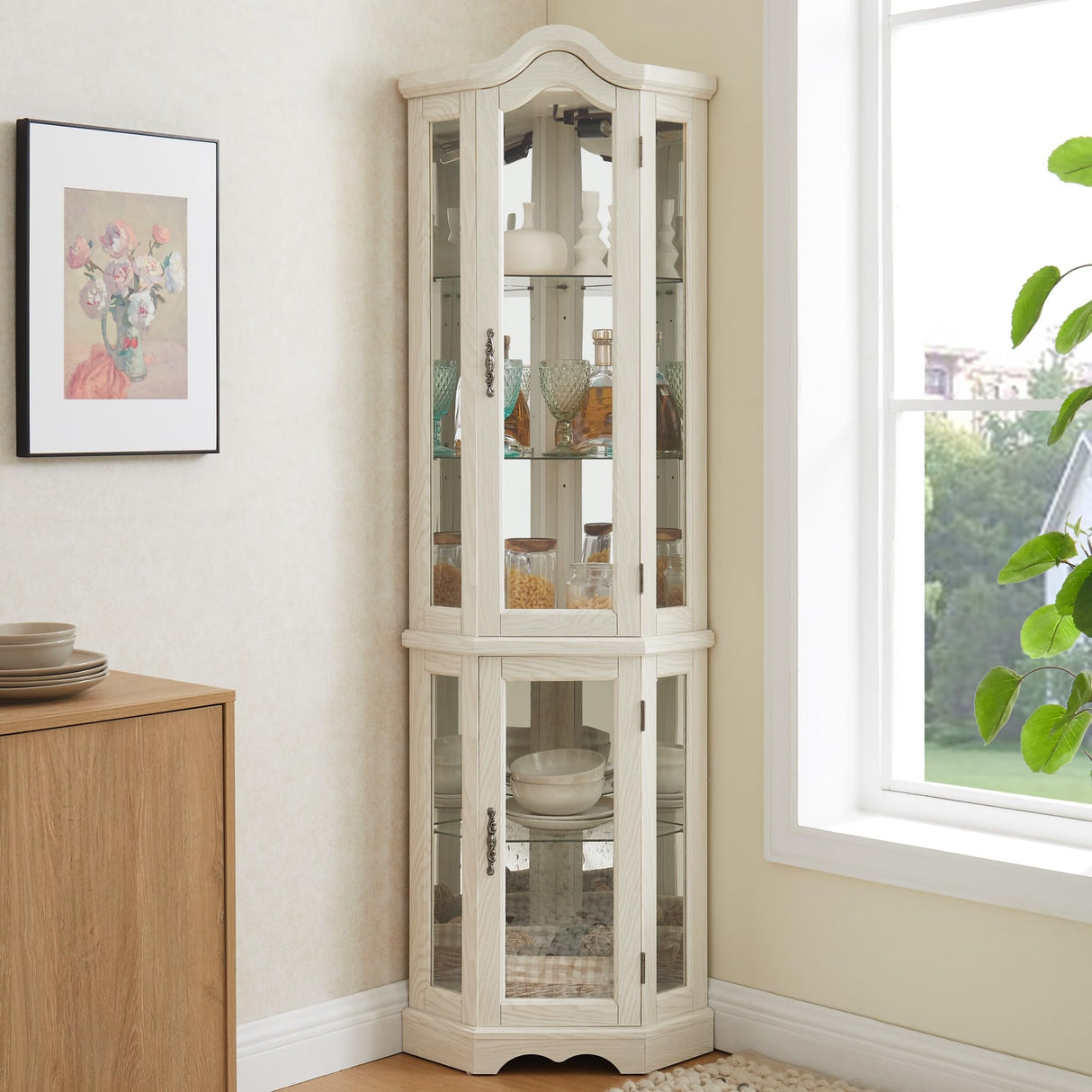 CKEASEAN Corner Curio Cabinet, 70.5" H Lighted Glass Display Case with 5 Adjustable Tempered Glass Shelves, Light Bulb Included, Wine Cabinet Rack for Bar and Liquor Storage (White) CKEASEAN
