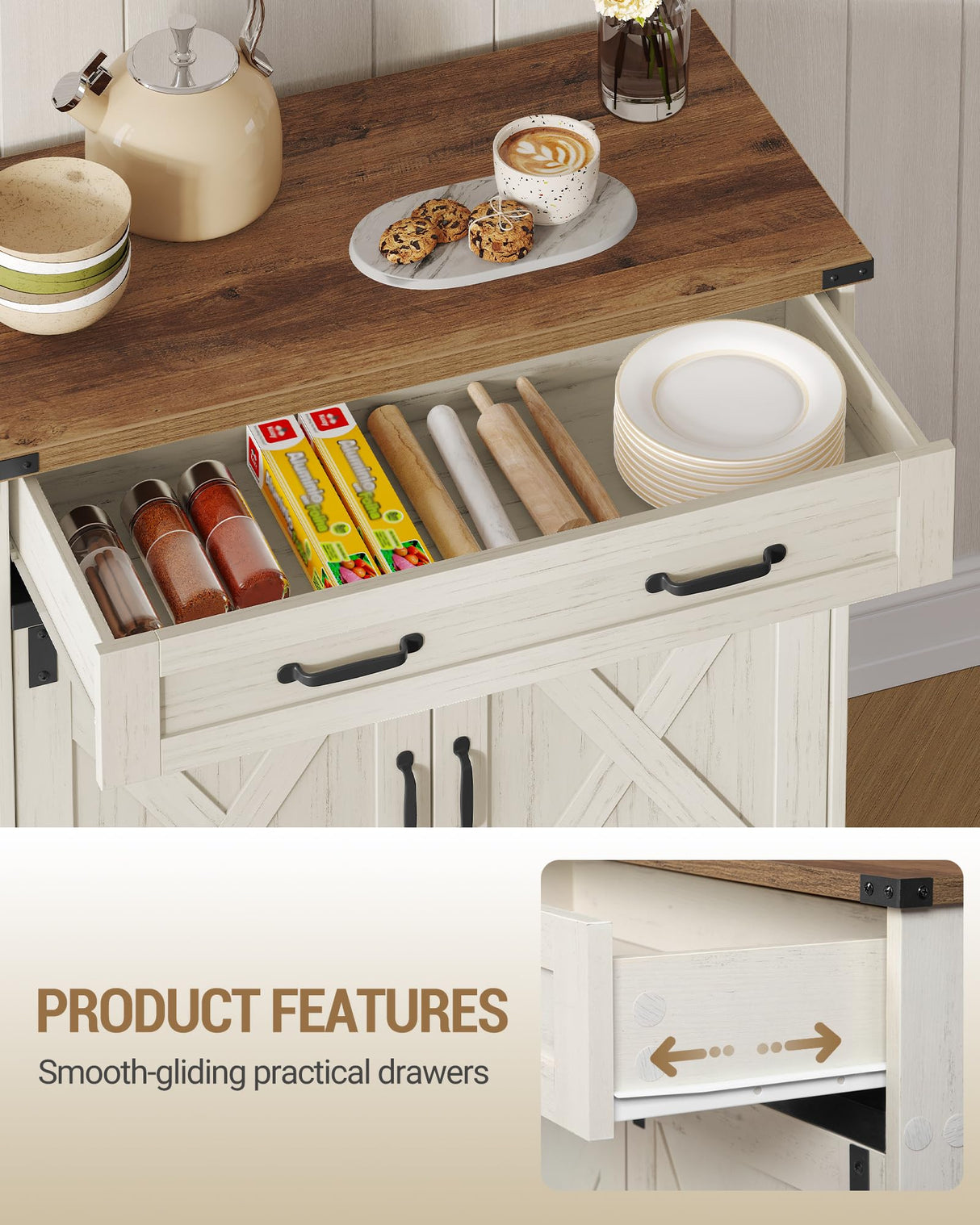 Hzuaneri Kitchen Storage Cabinet, Buffet Cabinet with Storage, Modern Farmhouse Sideboard Cabinets with Drawer, 31.5" Coffee Bar Cabinets with Doors & Adjustable Shelves, for Kitchen, White Brown Hzuaneri