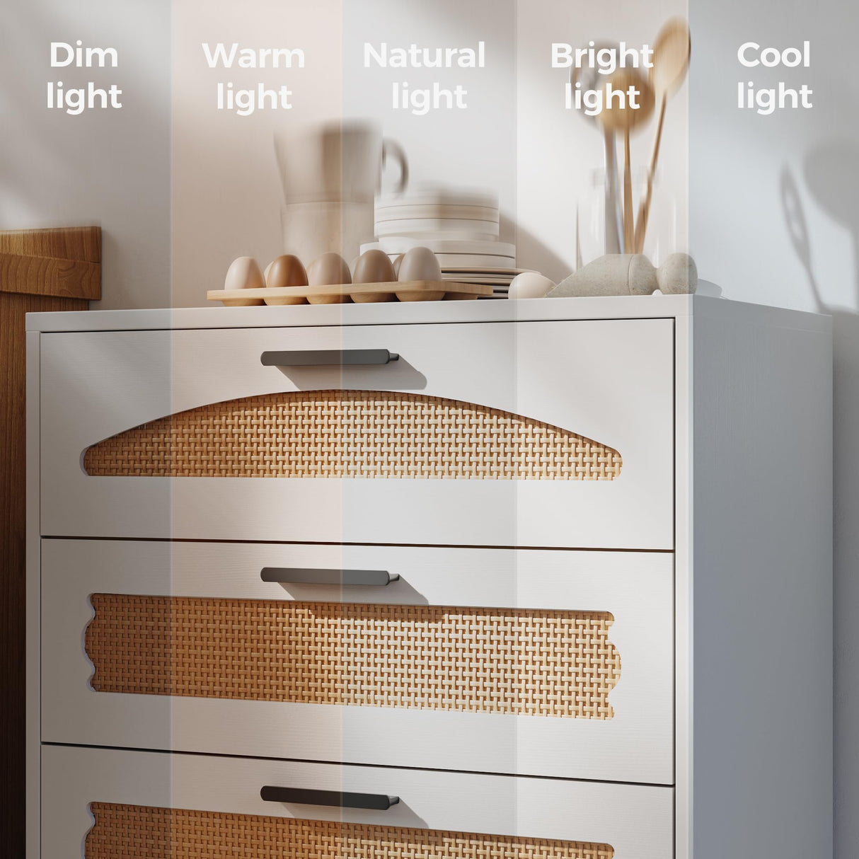 Mericonia 3 Drawer Rattan Dresser for Bedroom, Wood Dresser for Closet with Metal Handles, Small Boho Nightstand Sets, Dressers & Chests of Drawers for Bedroom, Hallway and Entryway, White Mericonia