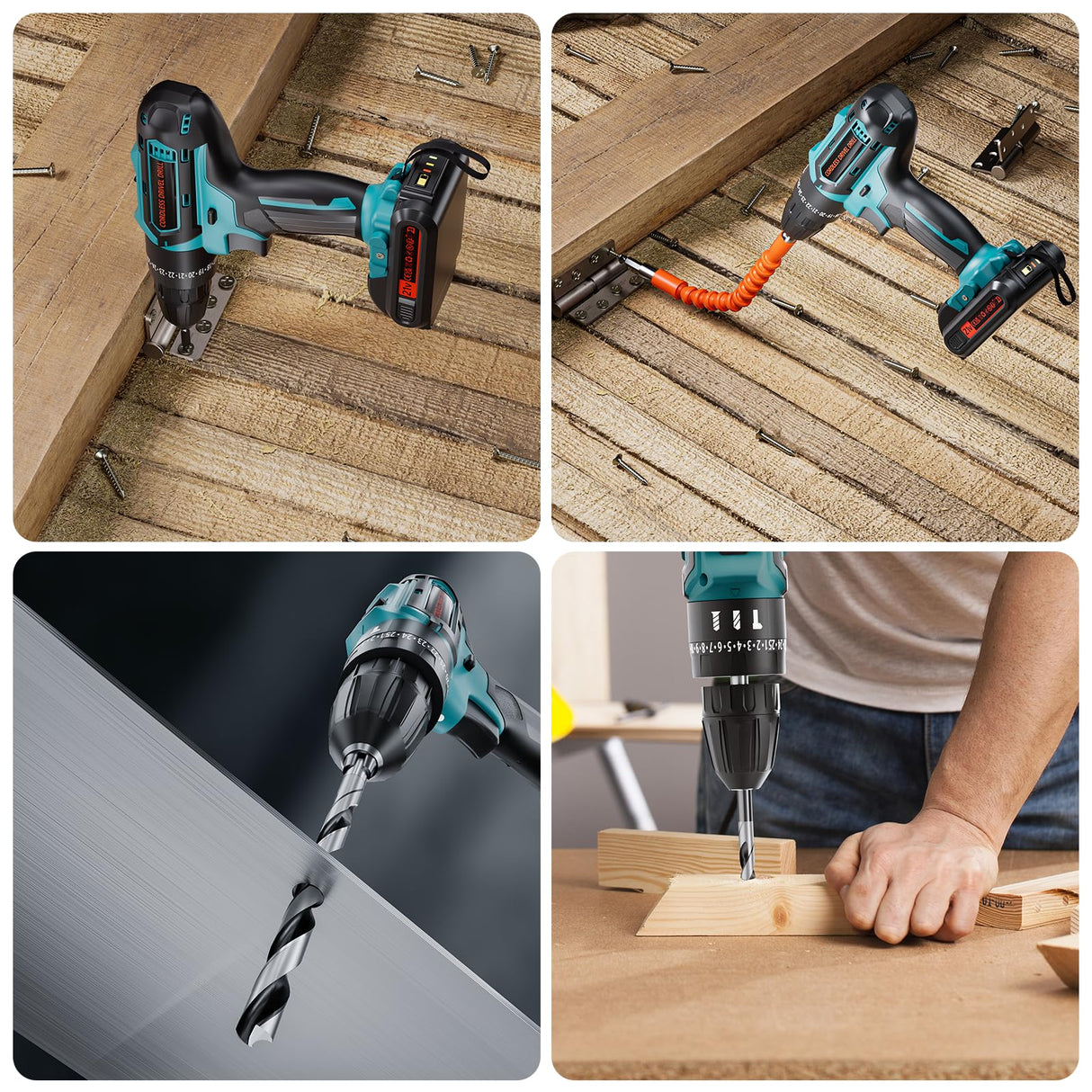 Cordless Power Drill Set with Battery and Charger,21V Cordless Drill Set, 25+3 Torque,2 Variable Speeds Electric Drill Set with 3/8'' Keyless Chuck,LED lights,2 Batteries UIFGVJH