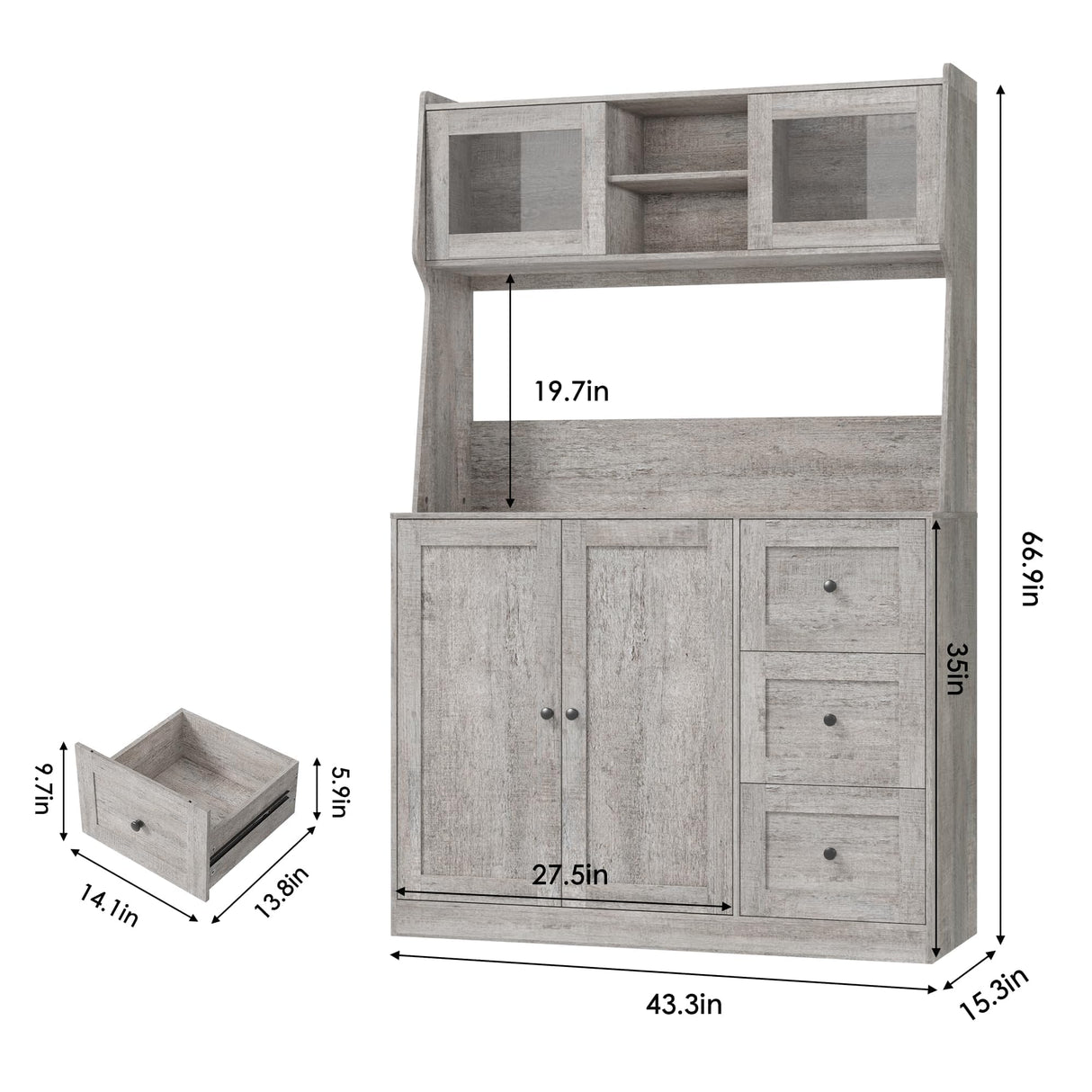 GarveeHome 67" Tall Kitchen Hutch Storage Cabinet, Farmhosue Coffee Bar Cabinet with 3 Drawers and LED Lights, Freestanding Food Pantry with Countertop for Living Room, Dining Room, Grey GarveeHome