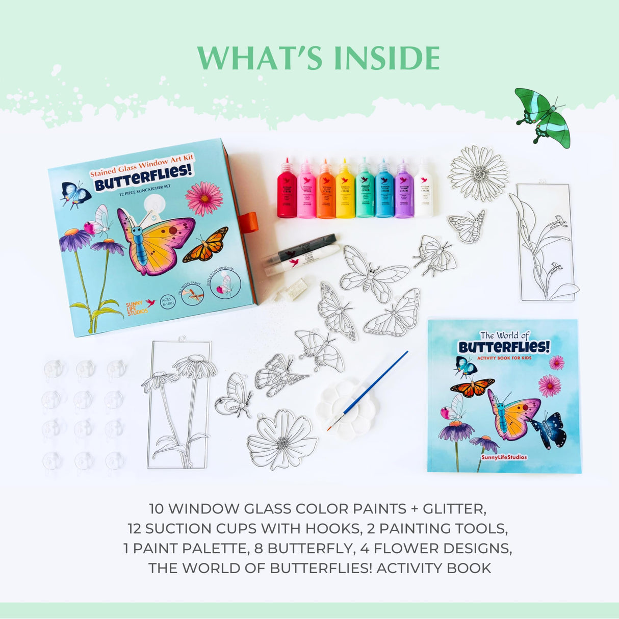 Stained Glass Window Art Kit – Butterflies! | DIY Suncatcher Craft with Activity Book & Color Guide | Creative Gift for Ages 8–12+ | Educational Craft for Kids & Adults (Butterfly) SunnyLifeStudios
