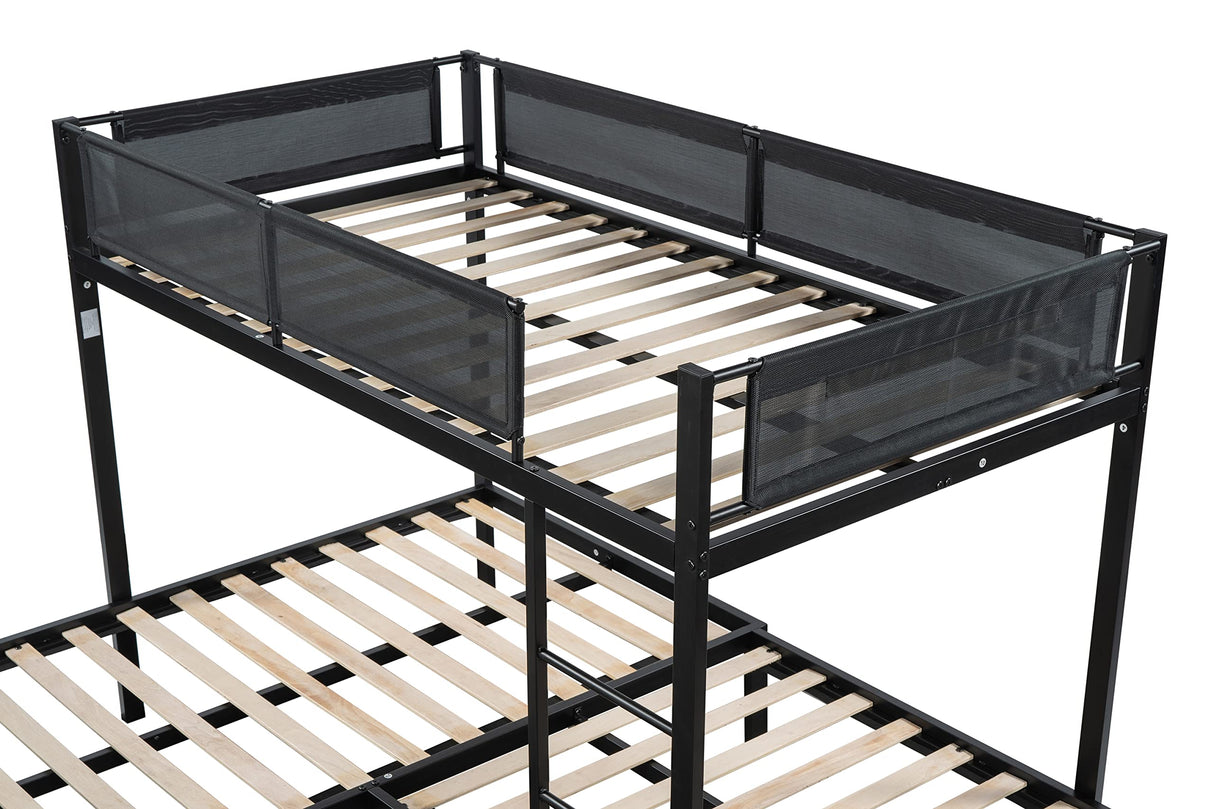 Livavege L-Shape Triple Bunk Bed with Trundle for 4 Kids/Teens/Adults, Metal Bunk Bed Twin Over Twin with Textilene Guardrail, Wood Slats, Low Bunkbed Frame for Dorm, Bedroom, Guest Room Livavege