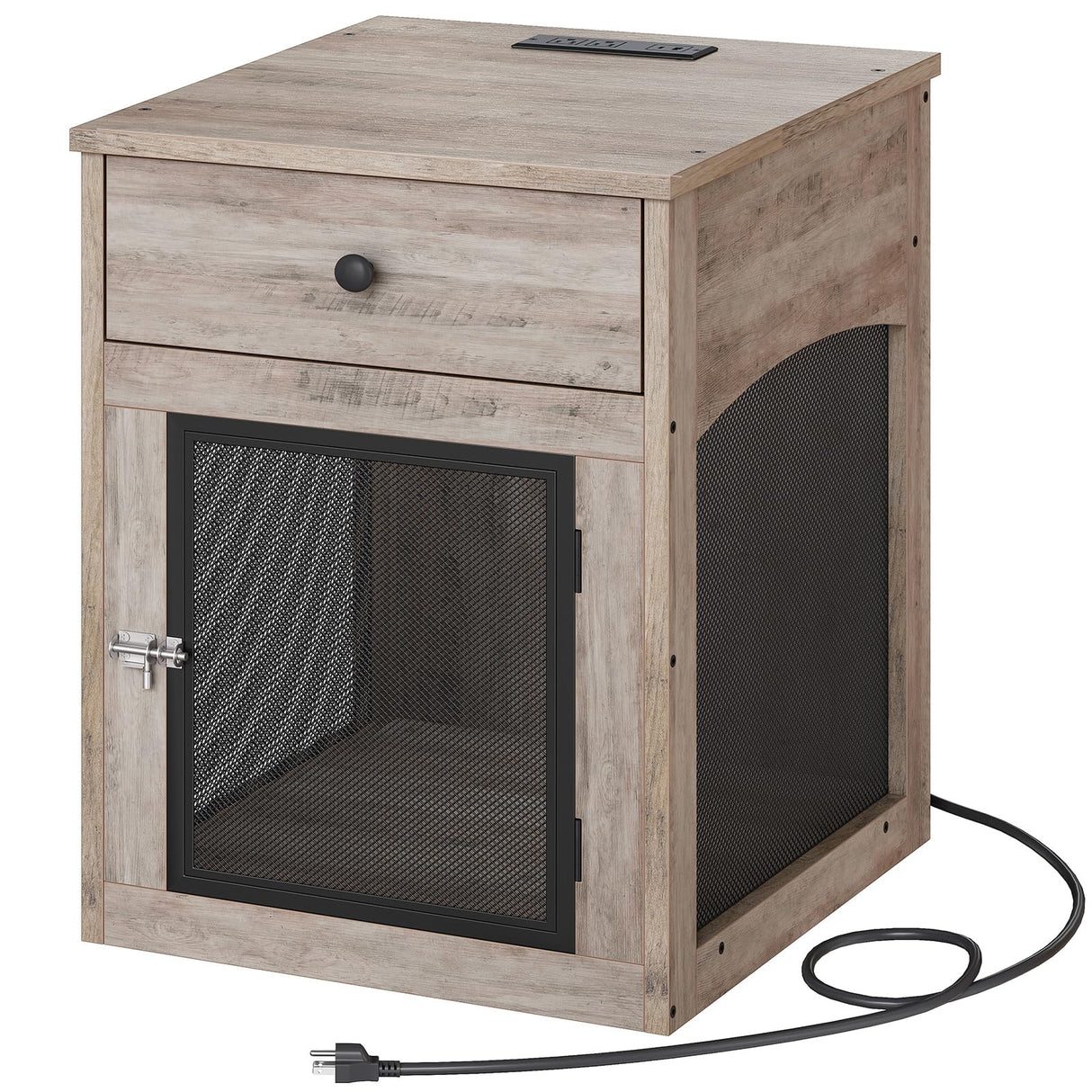 HOOBRO Dog Crate Furniture, Dog Kennel with Drawer and Charging Station, Indoor Decorative Puppy House, Wooden Pet Crate End Table for Small Dogs, Greige and Black BG58UGW03G1 HOOBRO