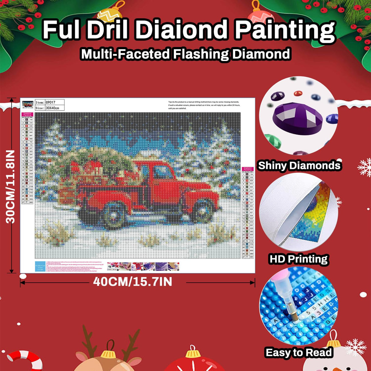 Christmas Truck Diamond Art Kits for Adults - Christmas Truck DIY 5D Diamond Painting Kit for Adults Home Decor Crafts - 12x16Inch HITO