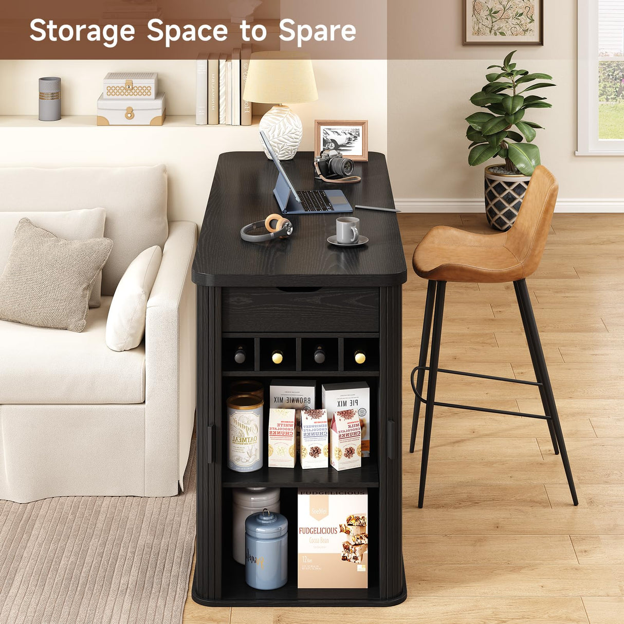 ONBRILL 59 Inch Kitchen Island with Storage, Fluted Counter Height Table, Mid-Century Modern Kitchen Island Table with Sliding Door, Home Bar Tables with Wine Rack and Drawers Black ONBRILL