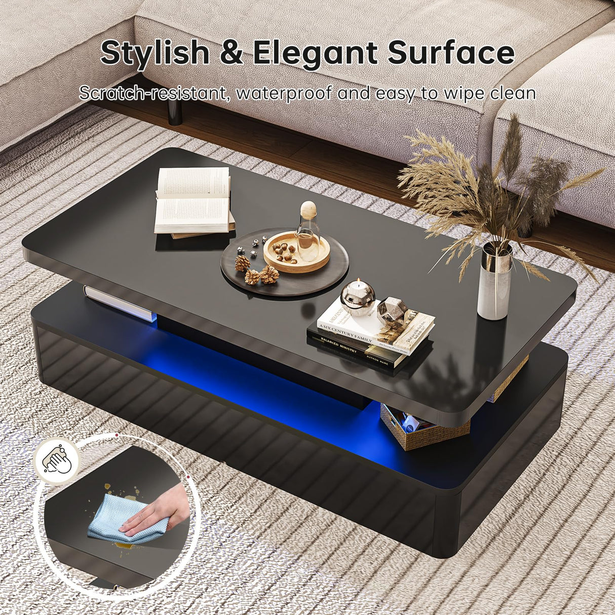 YISUFO 40" Modern Living Room Tables, LED Coffee Table with LED Lights, 2 Tier Rectangular Center Table with Large Storage, High Glossy Surface, Tea Table for Living Room, Black YISUFO