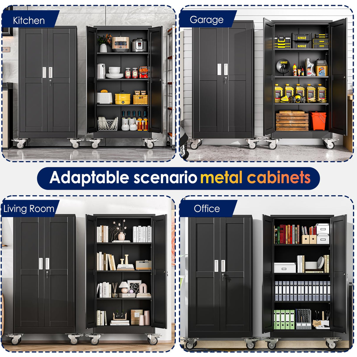 erosoei 61" H Metal Garage Storage Cabinet, Rolling Tool Cabinet with 2 Doors and Wheels, Locker Steel Cabinet with 3 Adjustable Shelves, Organization Cabinet for Garage,Office,Home,Gym,School(Black) erosoei