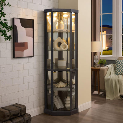 Lighted Corner Display Curio Cabinet Wooden Shelving Unit with Tempered Glass Door, Bar and Liquor Storage Area with 4 Shelves, Wine Cabinet,Black
