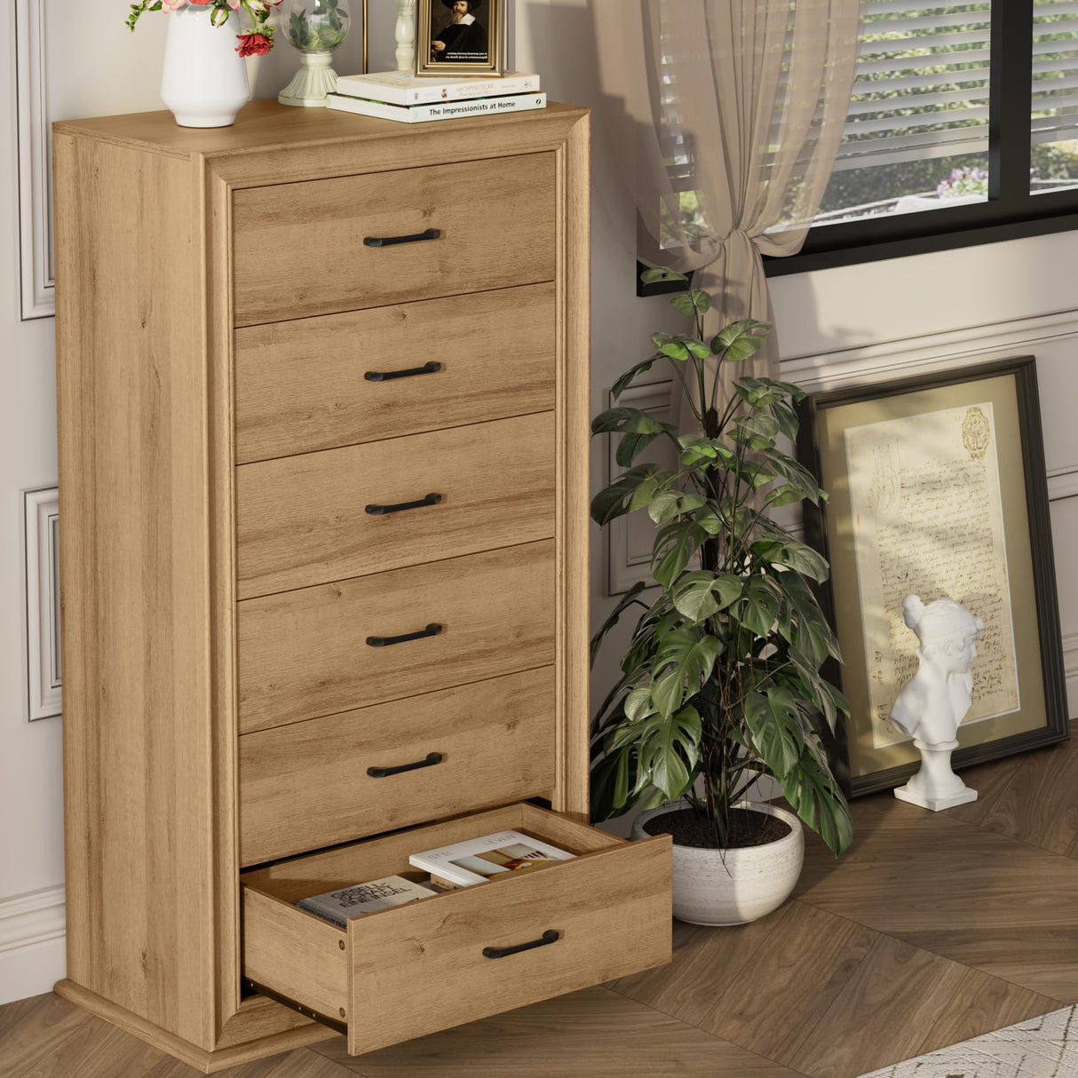 HIFIT Farmhouse 6 Drawer Dresser for Bedroom, 53'' Tall Dresser with 6 Drawers, Wood Chest of Drawers, Large Storage Dressers, Fluted Dresser for Living Room | Hallway | Home Office | Entryway, Oak HIFIT