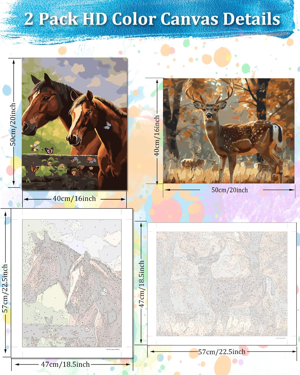 TOCARE 2 Pack Paint by Numbers Kit for Adults Horse, 16x20inch Deer Adult Paint by Number Canvas,Adults' Paint-by-Number Kits for Animals Lovers TOCARE