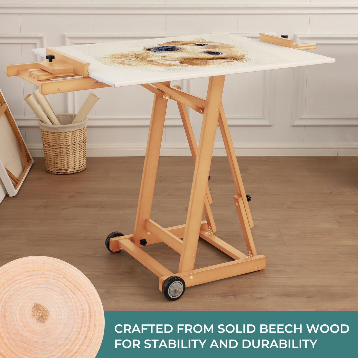 VISWIN Studio H-Frame Easel, Tilting Flat & Adjustable Beech Wood Art Easel for Painting, Movable Large Easel Stand for Adults, Artists, Hold 1 or 2 Canvas up to 78" - Natural VISWIN