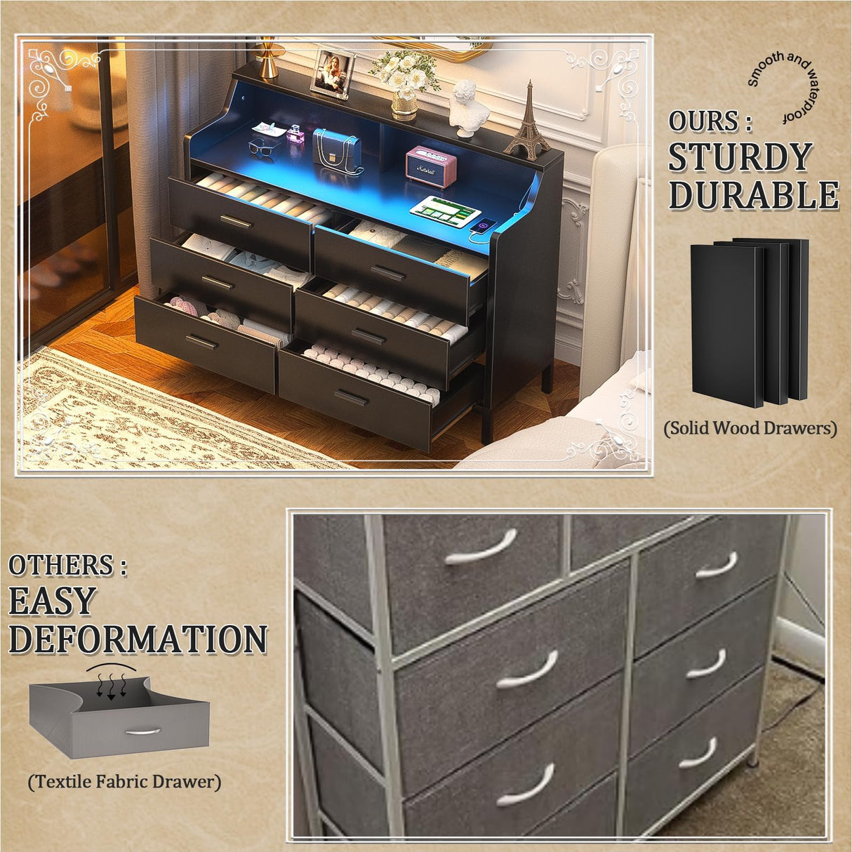 Hyomdeck 6 Drawer Dresser for Bedroom, Wooden Chest of Drawers with Power Outlets and Smart LED Light, Sturdy Modern Bedroom Furniture, Wide Storage Dresser for Living Room, Closet, Entryway, Black Hyomdeck