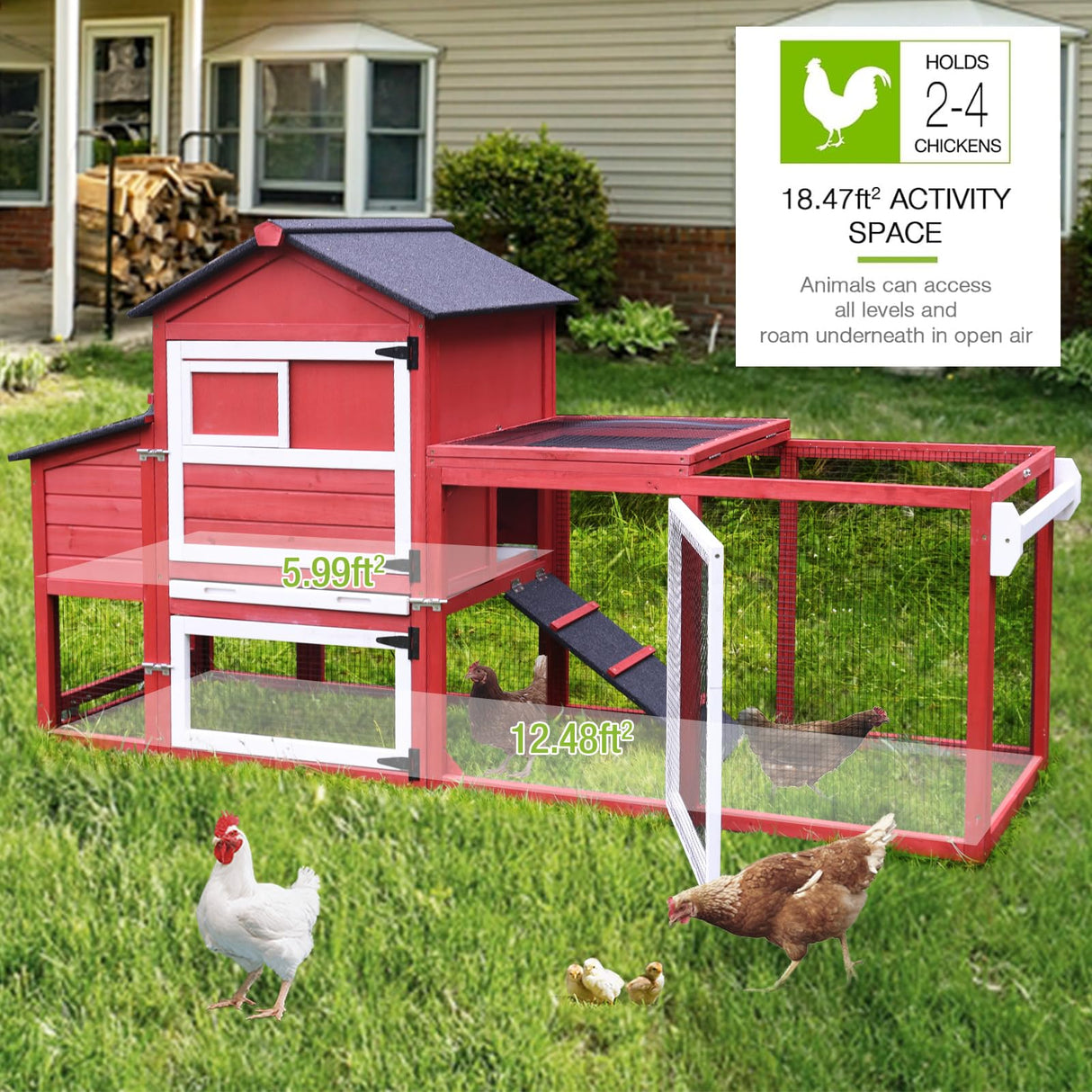 GUTINNEEN Chicken Coop Mobile Hen House On Wheels Easy to Move Wooden Poultry Cage with Nesting Box,Opening Wire Netting Roof,Red GUTINNEEN