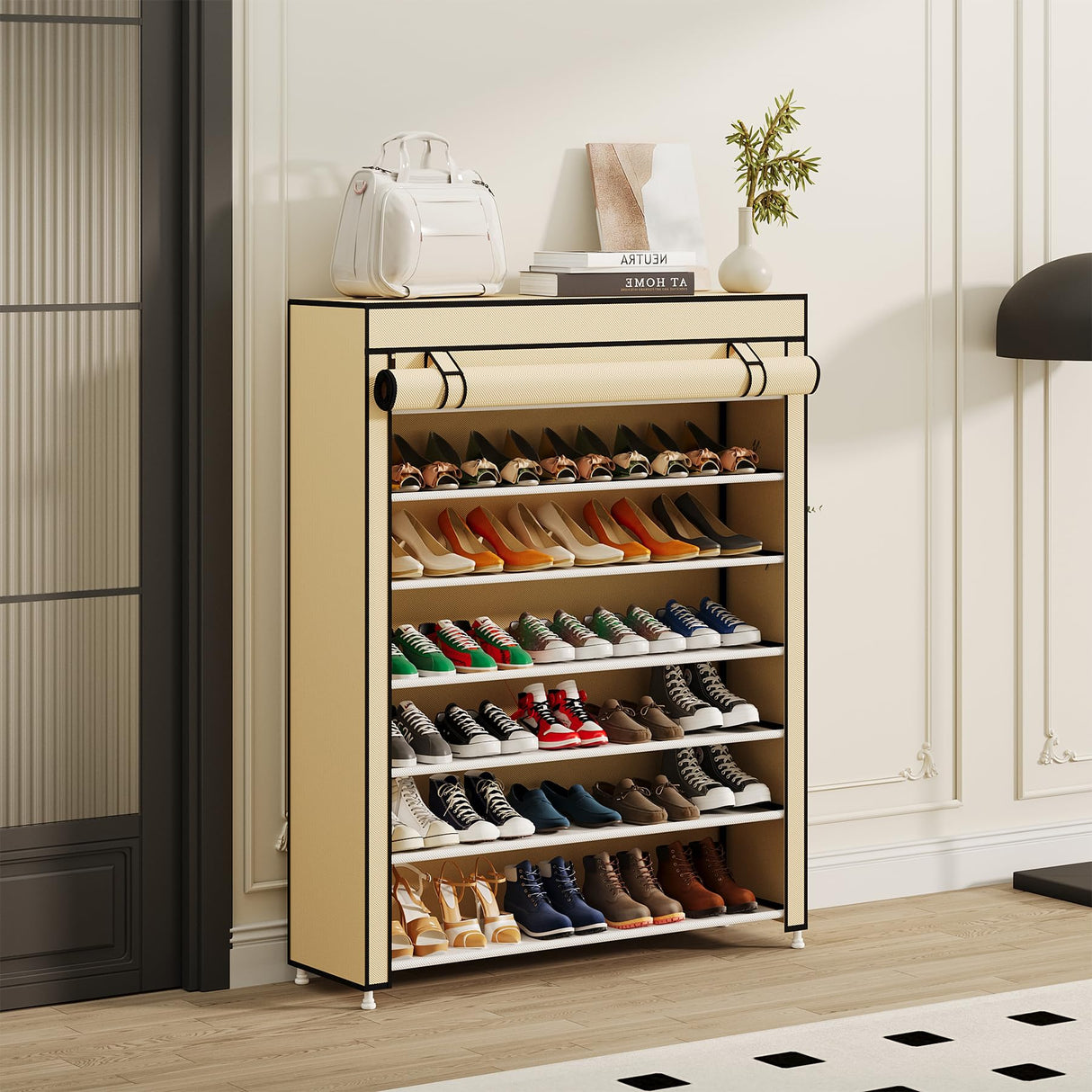 Calmootey 7 Tier Shoe Rack Organizer to Hold 35 Pairs, Portable Shoe Shelf with Nonwoven Fabric Cover for Closet Hallway, Bedroom, Entryway, Beige Calmootey