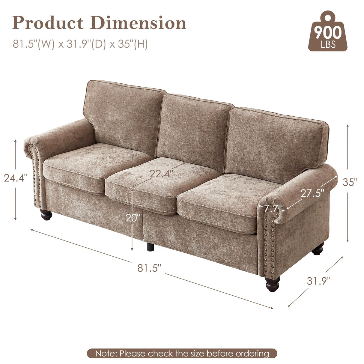 Sivoey 81.5" Nailhead Sofa, Rolled Arms Sofa with Wooden Legs, Pocket Springs Seat Cushion, Easy Assembly, Comfy 3-Seater Classic Couch for Living Room, Farmhouse, Apartment, Brown Sivoey