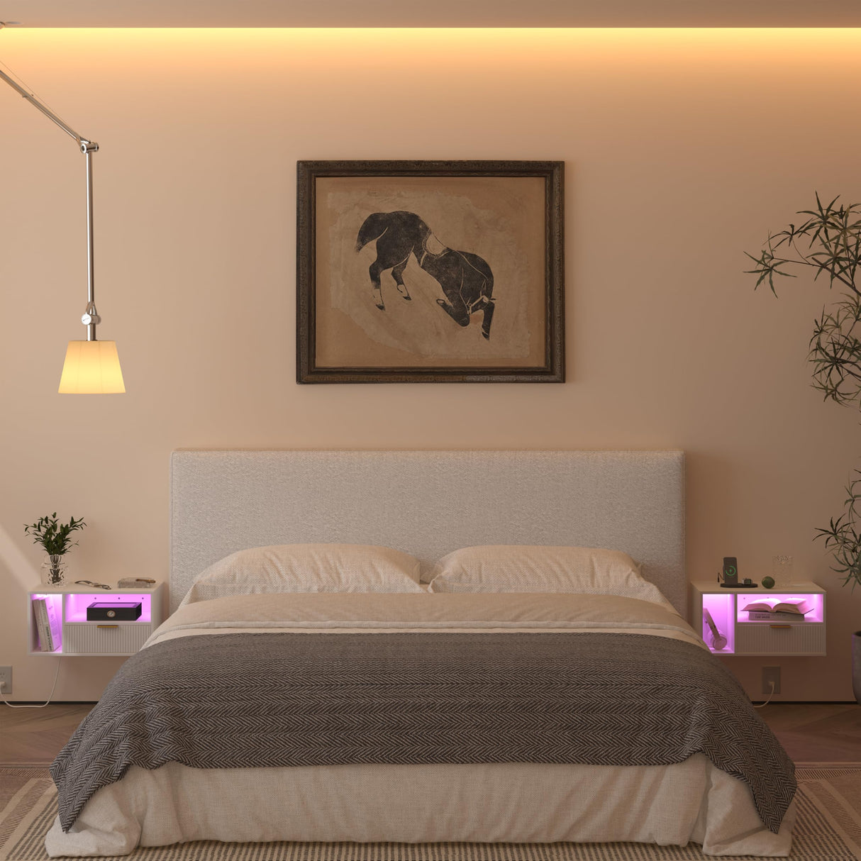 Veegle White Floating Nightstand with Charging Station and LED Lights,White Veegle