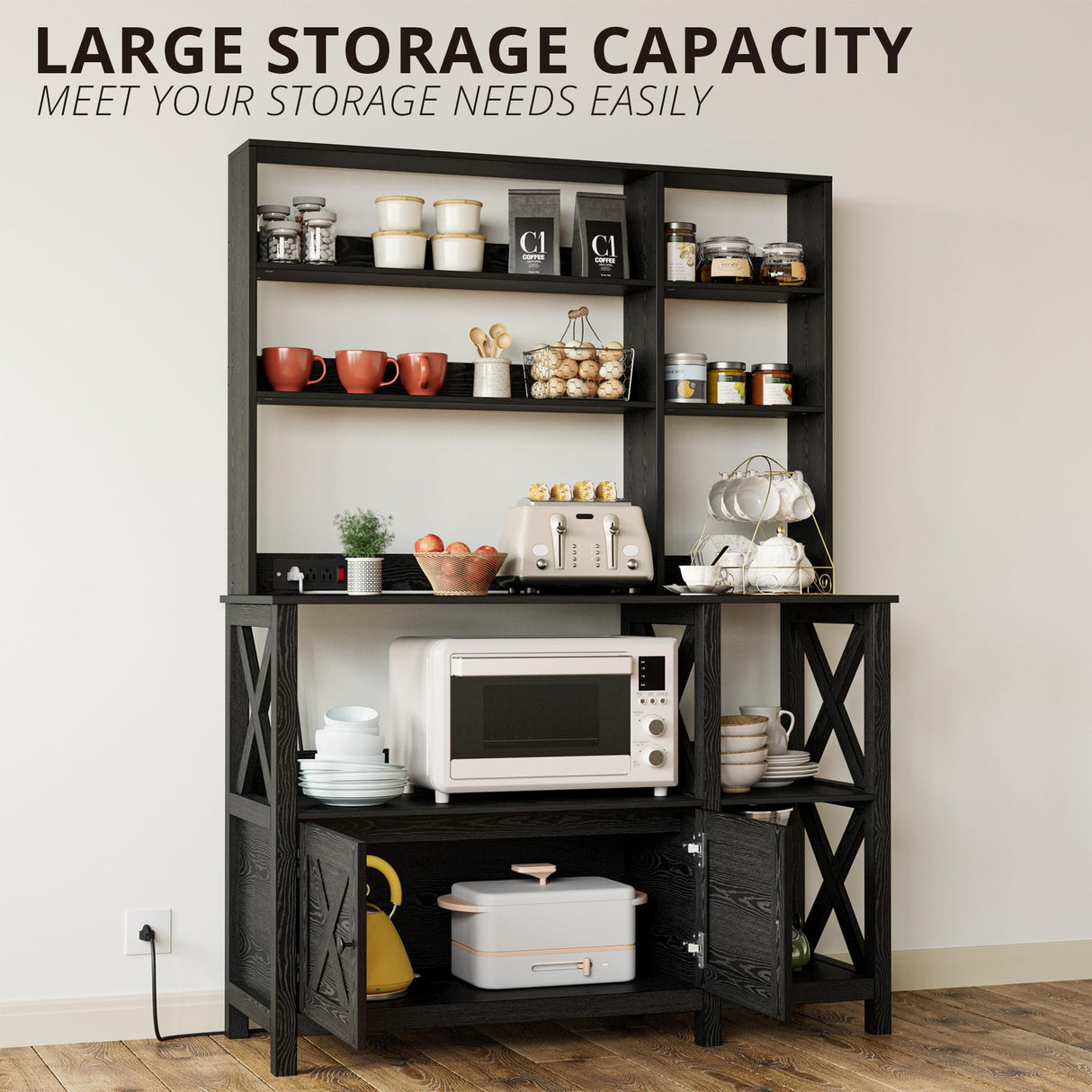 IRONCK Bakers Rack with Power Outlet, 45in Wide Coffee Bar Cabinet with Storage, 6-Tier Kitchen Storage with Doors, Microwave Stand for Kitchen, Dining Room IRONCK