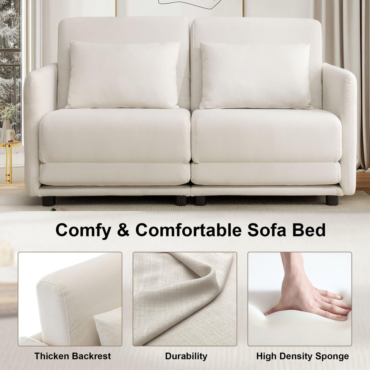 Korser 56.3" W x 74.8" L Full Size Pull Out Sofa Couch, Small Fold Floor Sofa Bed with Side Pockets, Loveseat Sleeper with Breathable & Washable Cover, Futon Couch for Living Room or Bedroom, White Korser