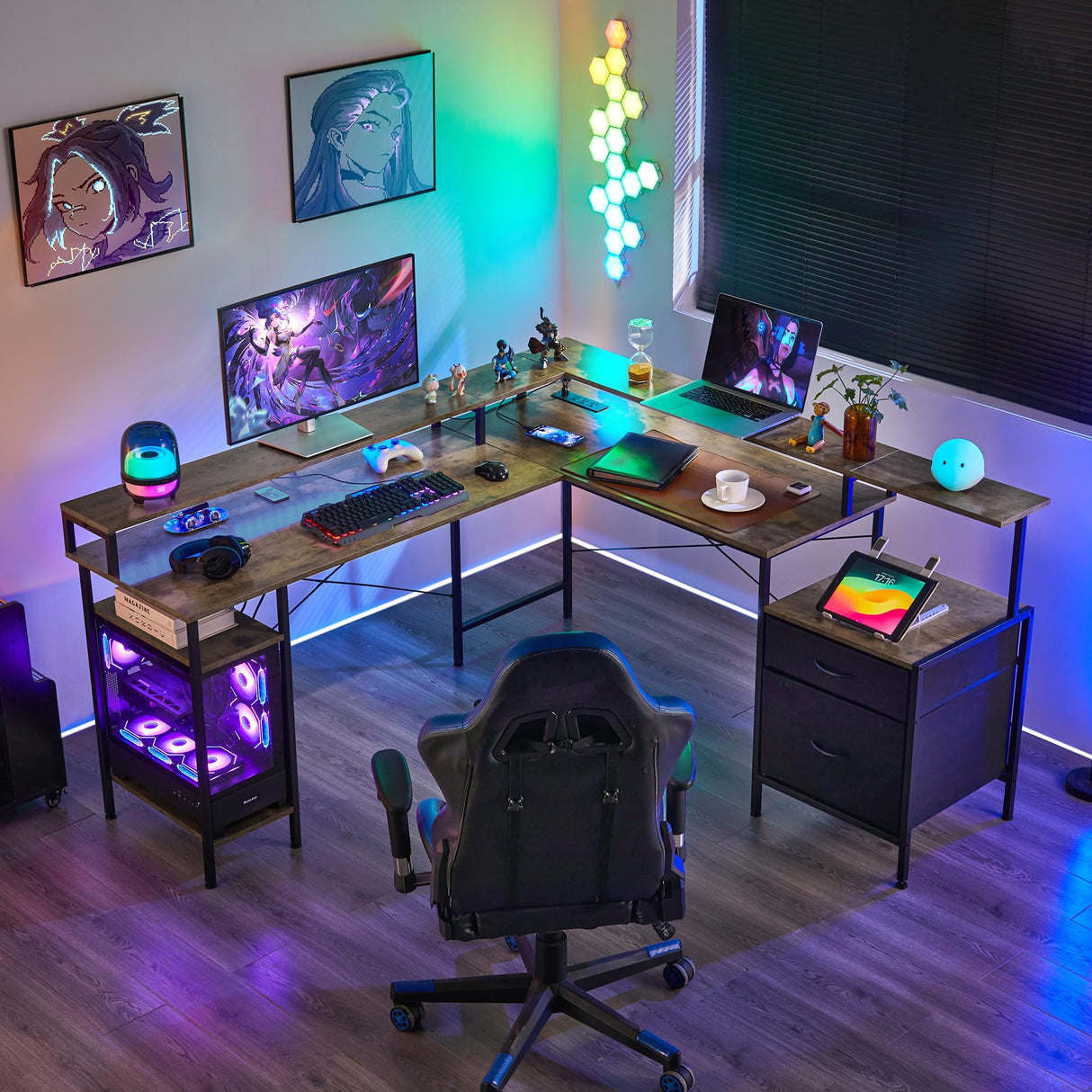 Mericonia L Shaped Gaming Desk, 66 inch Corner Computer Desk with File Drawer, Gaming Table with Led Lights, Workstation with Monitor Shelf, Printer Storage Shelves, Two Person Table, Grey Mericonia