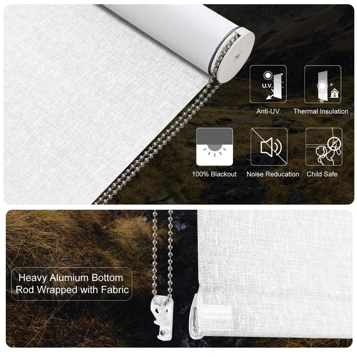 Persilux 100% Blackout Blinds for Windows (72" H x 35" W, White) Striped Jacquard Thermal Insulated Fabric Roller Shades UV Protection Privacy Window Blinds for Home Office, Easy to Install Persilux